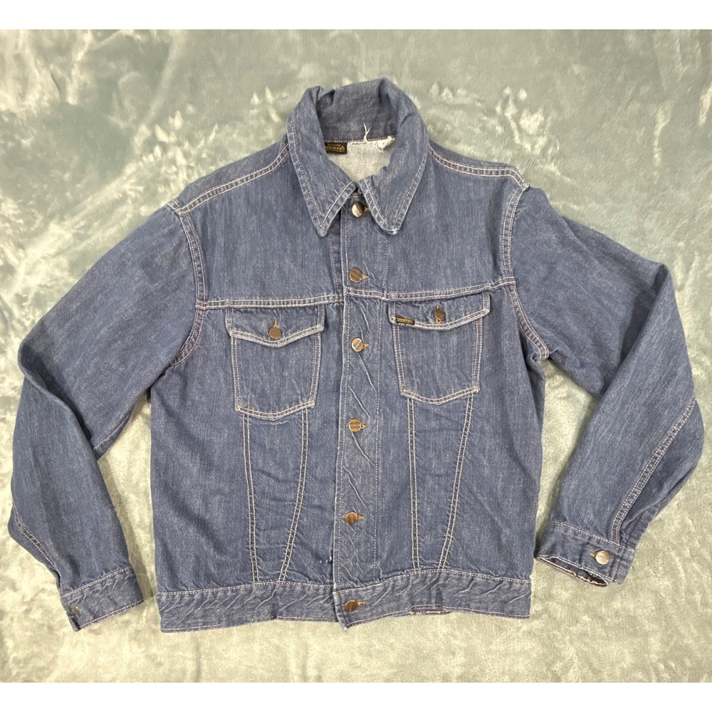 Vintage Sears Roebucks Denim Trucker Jacket Blue Distressed Mens 42T 60s 70s